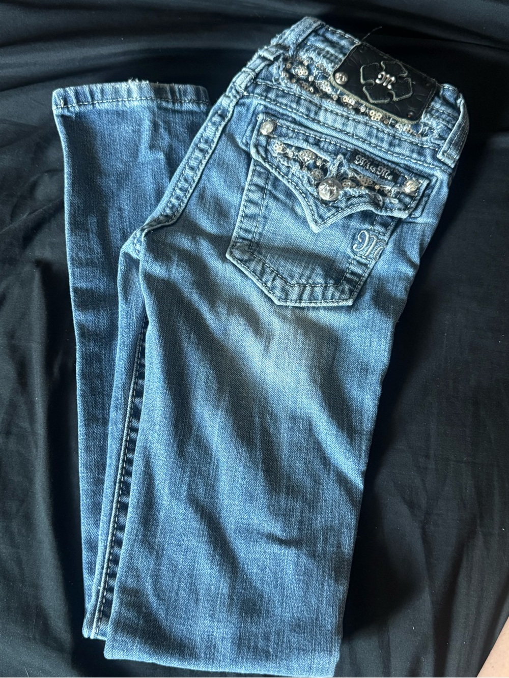 Girls size 10 Miss Me Blue Embellished Skinny Jeans